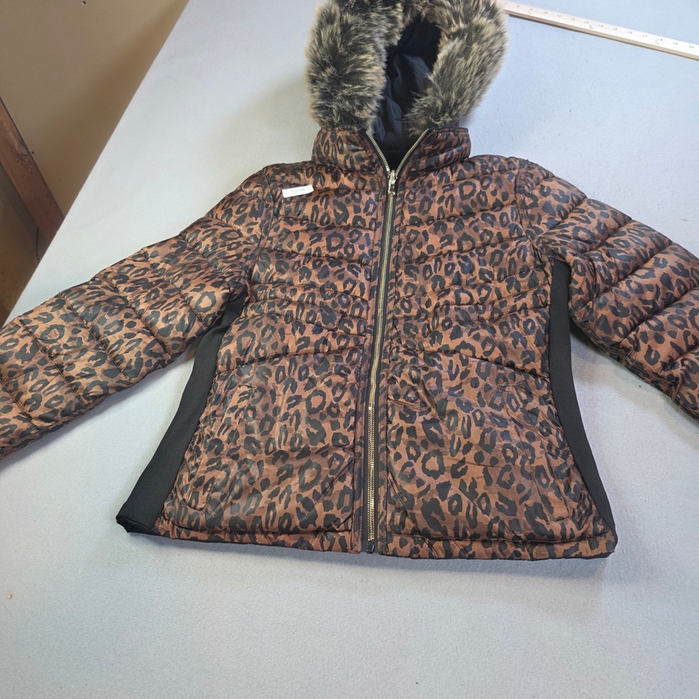 Leopard Print Puffer Jacket Faux Fur Trimmed Hood Brown Black Animal Pattern
